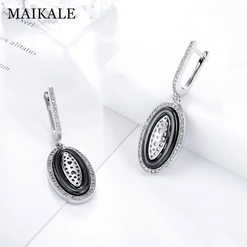 Женские круглые серьги подвески MAIKALE черные и белые керамические серебряного