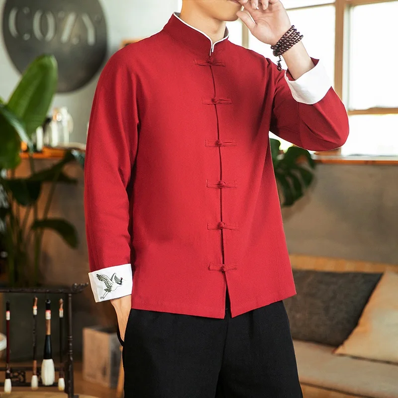 Tang Suit 2021 New Traditional Chinese Clothing For Men Cotton Embroidery Crane Kung Fu Clothes Hanfu Blouse Shirts 31649 | Тематическая