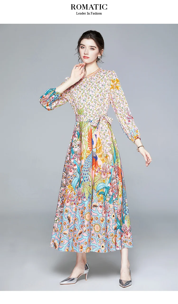 Fashion Designer Runway Long Dress 2020 Spring Autumn Women Dress Puff Sleeve Floral-Print Vacation Elegant Party Maxi Dresses