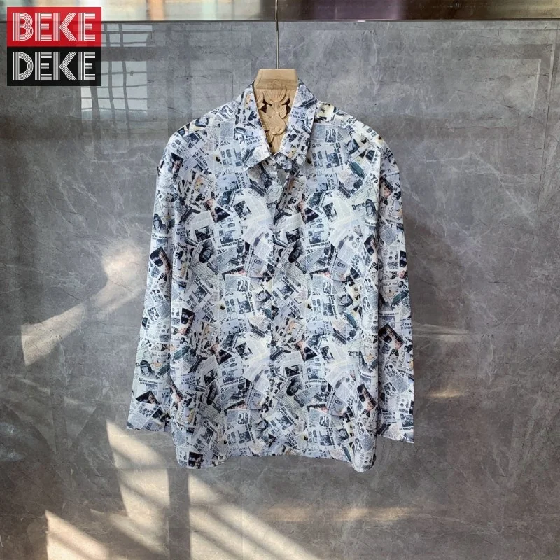 

Мужская Дизайнерская рубашка с принтом, тонкая Повседневная рубашка в Корейском стиле с длинными рукавами и пуговицами, лето 2022