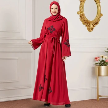 

Siskakia Maxi Dresses Red Chic Ethnic Embroidery Long Sleeve Dresses Loose Plus Size Casual Autumn Wears for Muslim Women