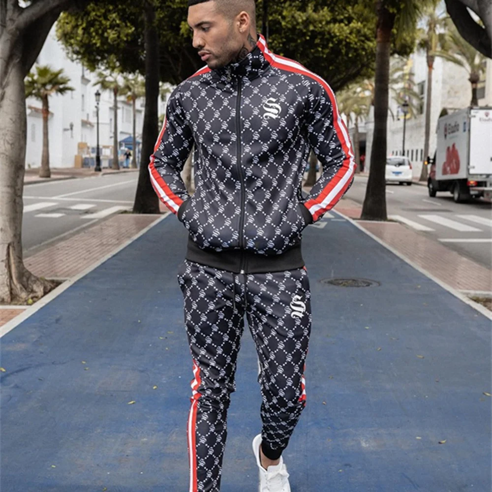 2020 Men New Style Tracksuit Vertical Collar Trendy Cardigan jackets+casual Personality Small Leg Trousers Patchwork Suit Set | Мужская