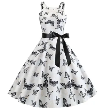 

New 2020 Women Fashion Butterfly Floral Vintage Swing Dresses Summer Sleeveless Zipper Sashes Dress 50S 60S Retro Party Dresses