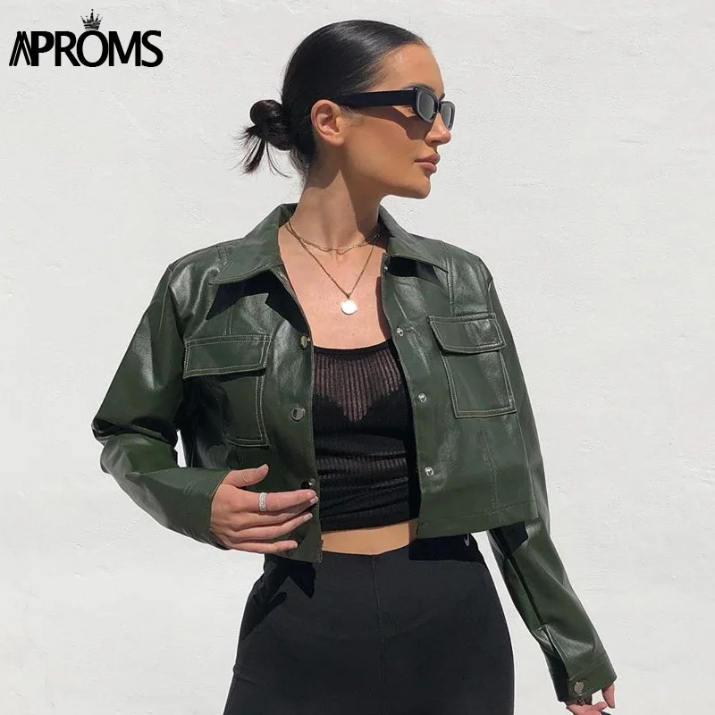 Aproms Базовая укороченная куртка из искусственной кожи, женская повседневная короткая верхняя одежда с длинным рукавом и карманами на пуговицах, модная однотонная уличная одежда