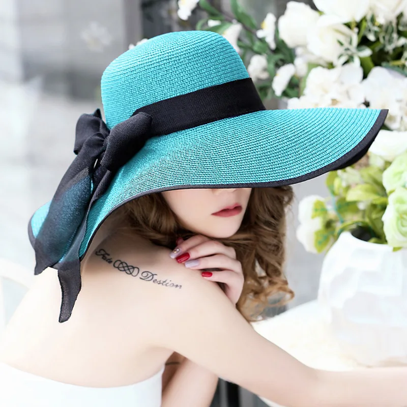 YOYOCORN для женщин UV Protction gorras женская пляжная шляпа модные солнцезащитные шапки с бантом Женский хвостик Солнцезащитная шапка лента вязаная рафия шляпа - Цвет: Небесно-голубой