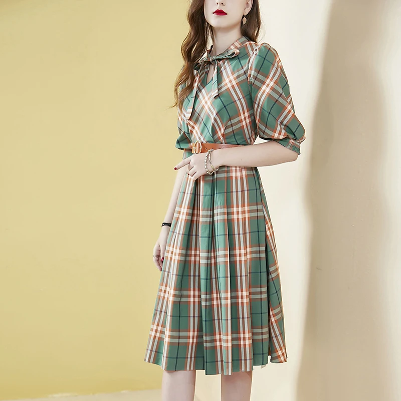

Lucyever Vintage Women Print Plaid Dress Autumn High Waist Half Sleeve Female Midi Dress Elegant Bow Collar Party Vestidos 2019