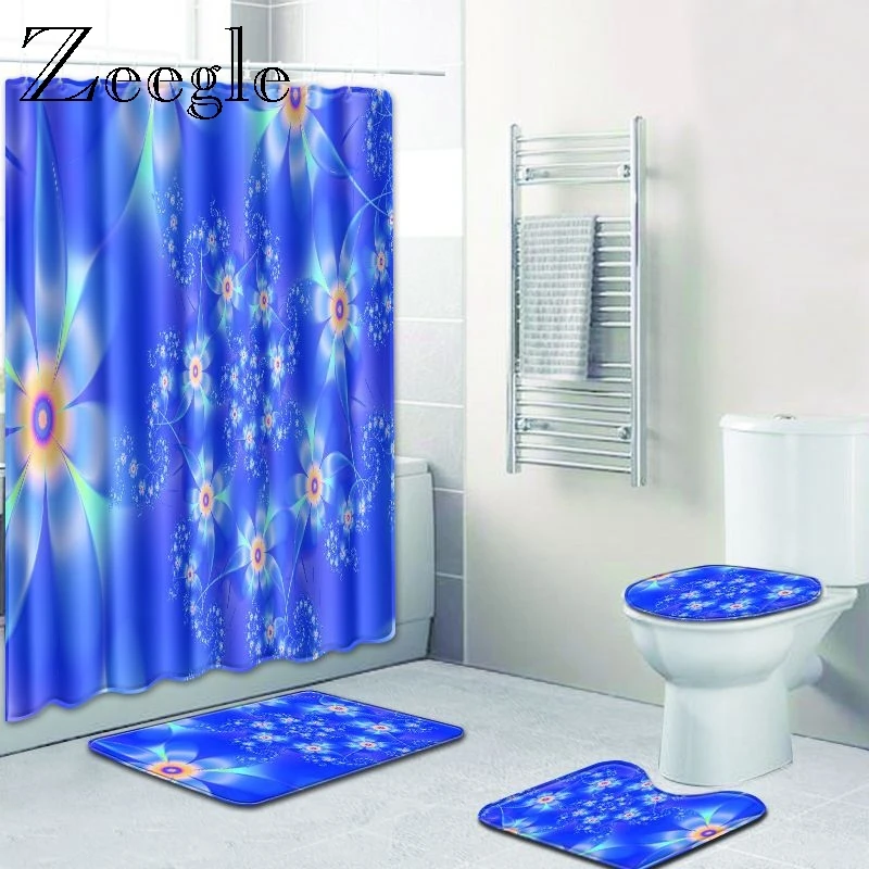 Zeegle Bathroom Mat Set and Shower Curtain Anti Slip Bathroom Doormat Waterproof Bathroom Curtain Washable Flannel Bath Carpets