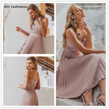 

SOS SHOP Sexy v-neck women party dress Elegant spaghetti strap female pleated office dress Solid female pink midi summer dresses