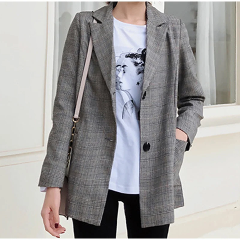 Осень клетчатый блейзер с вырезом куртка женская Однобортный Blazers с карманами пальто Для женщин Офисные женские туфли повседневные пальто для женщин