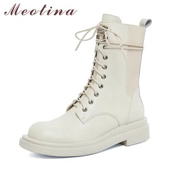 

Meotina Real Leather Ankle Boots Women Platform Med Heel Motorcycle Boots Lace Up Short Boots Chunky Heel Ladies Shoes Beige 40