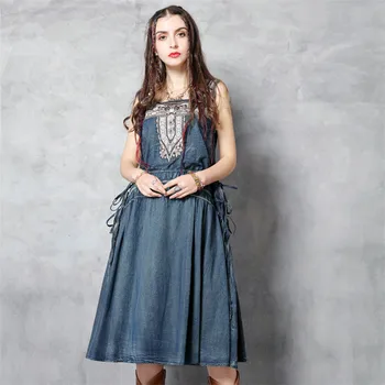 

Tank Embroidery Dress 2020 Summer Denim Women's Dresses O-Neck Sundress Adjustable Waist Woman Vintage Vestidos