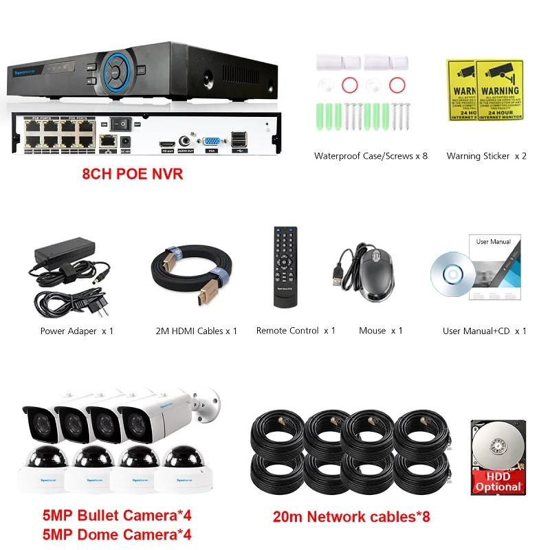 8 Camera with Cables Toprohomie H.265+ 8CH POE IP CCTV Системы 48V 5MP безопасности камера Аудио запись POE IP Камера ночного видения Камеры скрытого видеонаблюдения - Цвет: 8 Camera with Cables