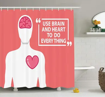 

Pink Shower Curtain Valentine Day Decor Human Shape with Words Use Brain and Heart to Do Everything Relationship Polyester