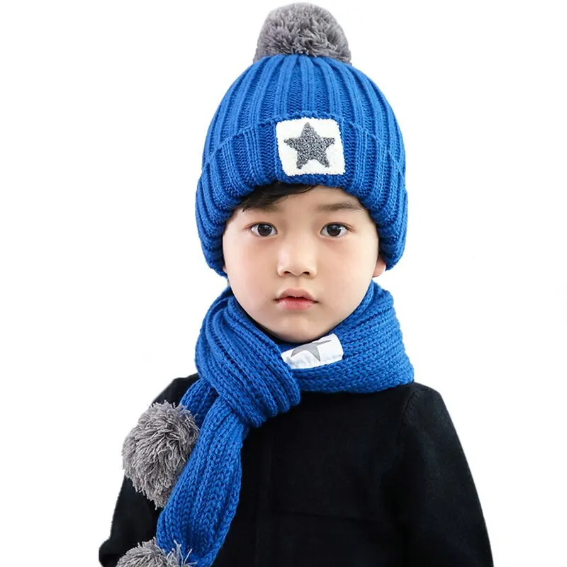 Blue Лидер продаж, детские вязаные шапочки и наборы шарфов Hailball Beanies, вязаные детские зимние комплекты из 2 предметов, зимние шапки для детей, зимняя шапка - Цвет: Blue