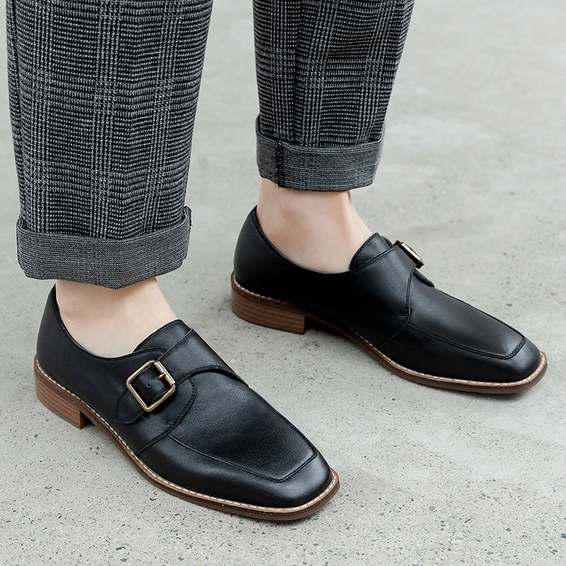 

Women Cow Leather Square Heels Woman Comfort Fashion Round Toe Dress Party Pumps Brown Black Square Heels Shoes Ladies