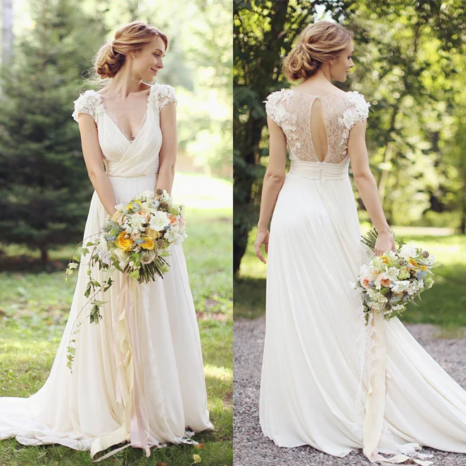 2018 Nieuwe Mode Cap Mouw V-hals A-lijn Lace Chiffon Lange Bohemian Wedding Strand Sexy vestidos de novia Moeder van Bruid jurk 2018 Nieuwe Mode Cap Mouw V-hals A-lijn Lace Chiffon Lange Bohemian Wedding Strand Sexy vestidos de novia Moeder van Bruid jurk