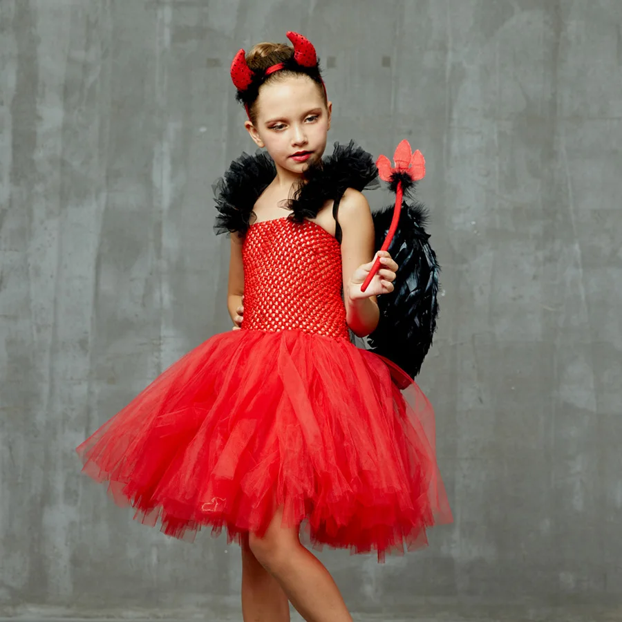 Wicked Red Devil Girls Tutu Dress Kids Halloween Cosplay Carnival Party Costume Handmade Tulle Children Fancy Satan Demon Dress (3)