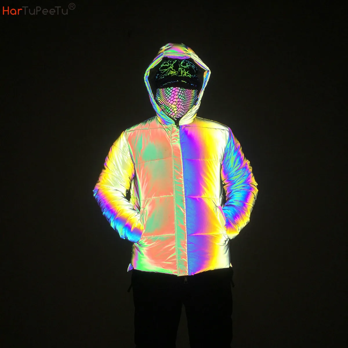 

Unisex Oversize Loose Reflective Cotton Jacket Men 2021 Autumn Winter Women Rainbow Coat Pockets Pink Hooded Hip Hop Streetwear