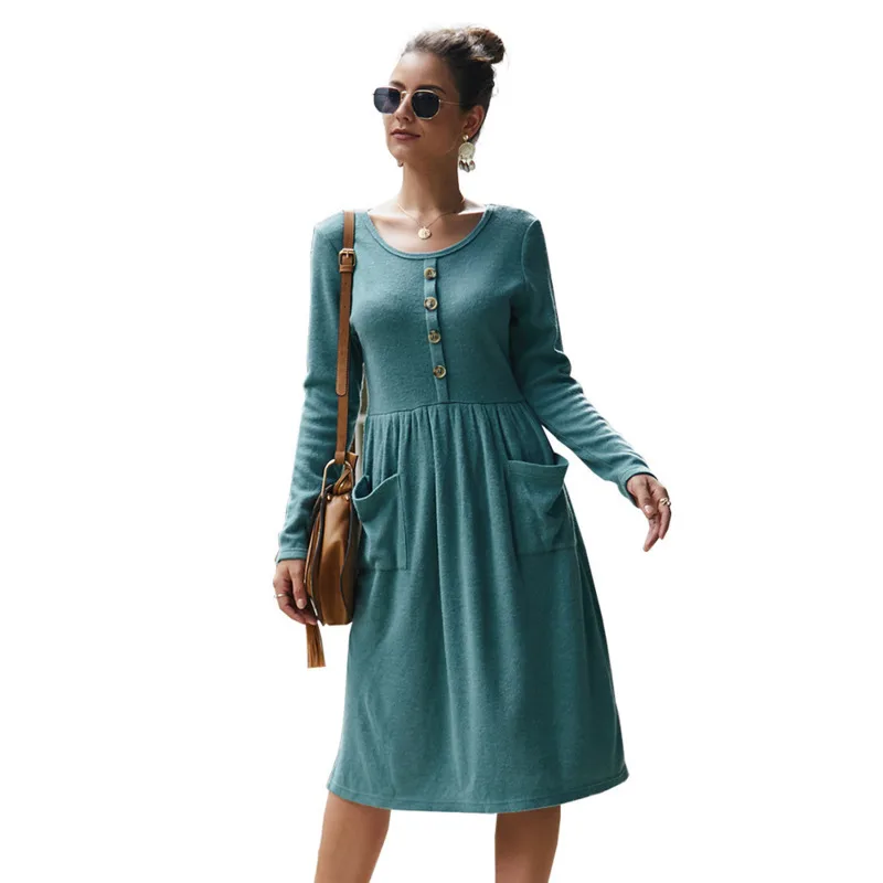

2019 Autumn Winter Knitting Dress Women Long Sleeve O Neck Fashion Hem Office Elegant Pure Color Casual Polyester Dresses