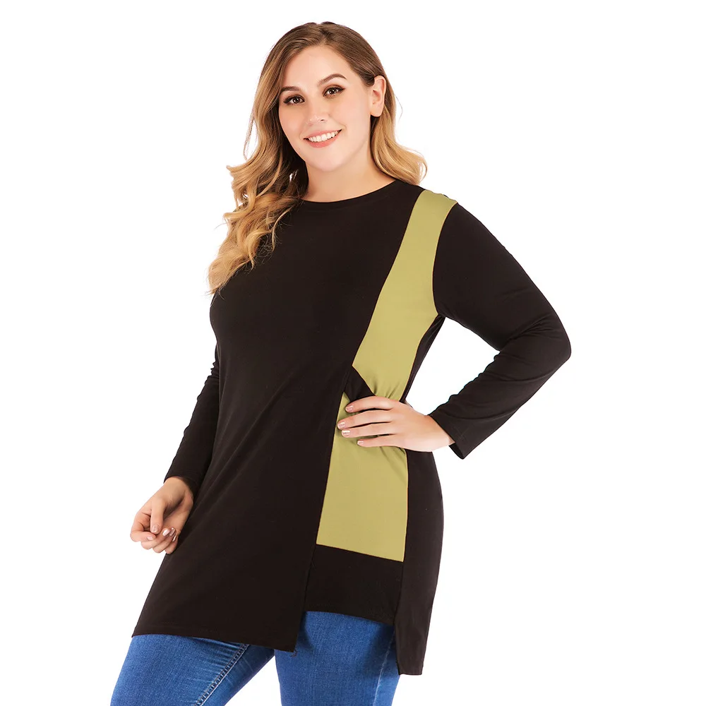 Плюс размер осень зима блузка рубашка с длинным рукавом женская элегантная контрастная цветная Лоскутная Элегантная блузка большой размер женский жакет Топ