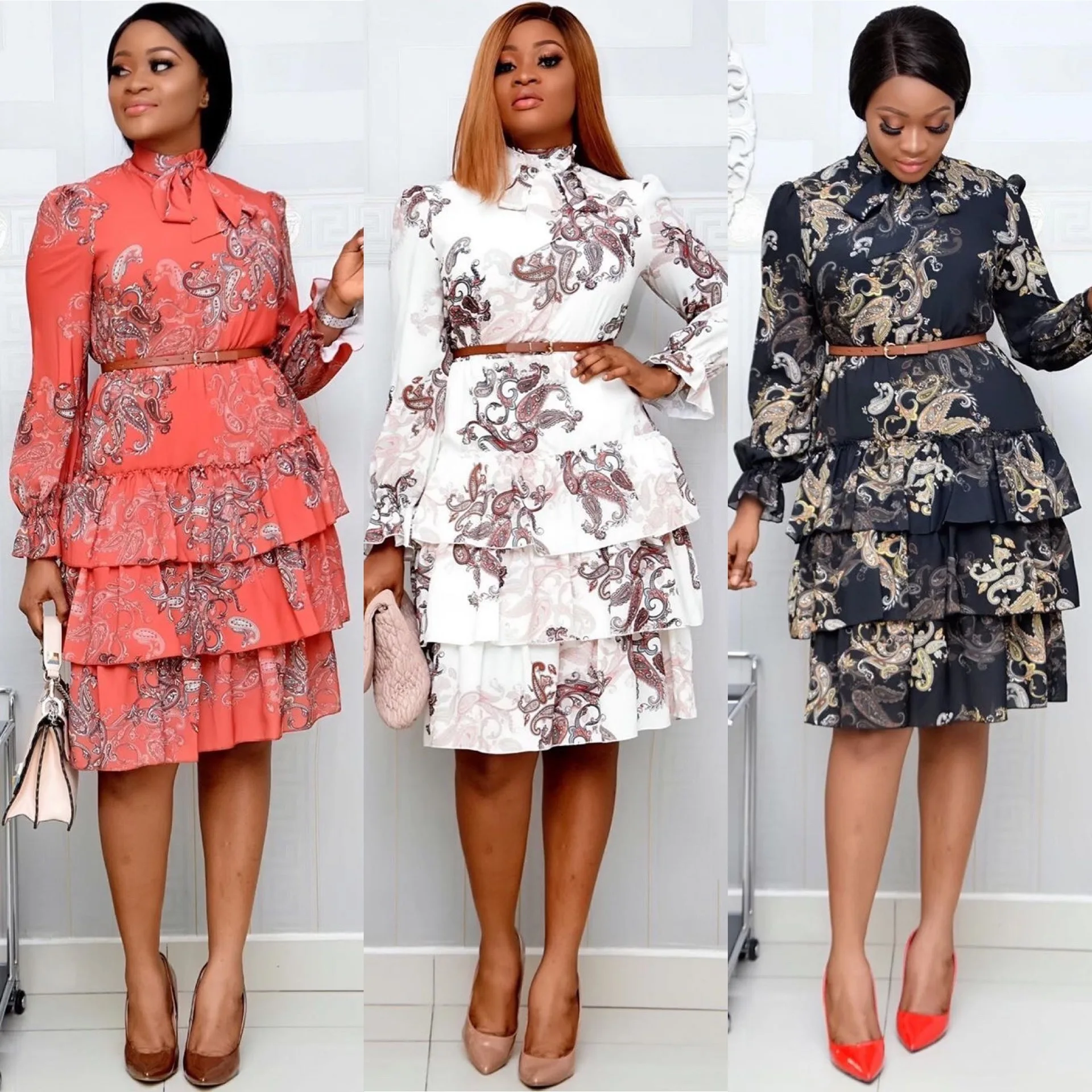 

Autumn and Winter Print African Plus Size Women's Dress Stand Collar High Waist Polyester Fiber Zipper Cake Skirt