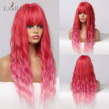 

EASIHAIR Ombre Red Engine Pink Color Synthetic Wig Cosplay Long Water Wave Wigs with Bangs for Black Women Heat Resistant Fiber