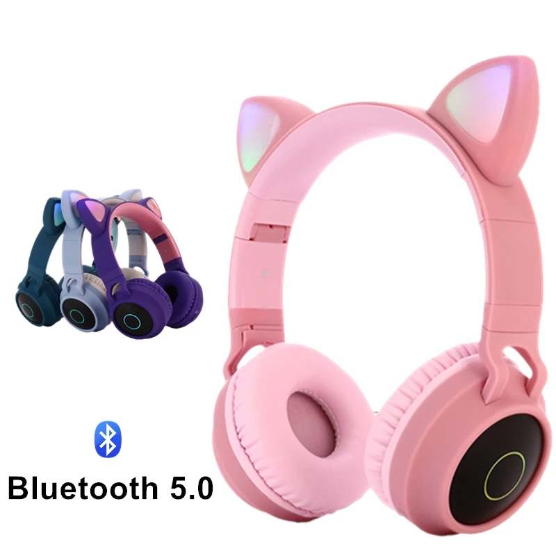 Auriculares inalámbricos LED luminiscente Cat Ears 5,0, cascos con Bluetooth, compatible con tarjeta TF, auriculares de música para niños y niñas