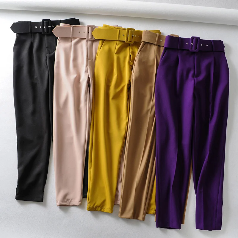 YNZZU повседневные брюки для женщин весна осень фиолетовый хаки Высокая Талия Длинные женские шаровары с поясом высокое качество AB226