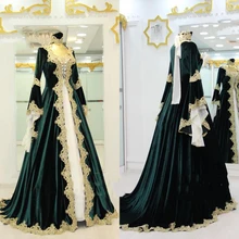 

Green And White Velour Kaftan Evening Dress Appliques Long Sleeve Islamic Dubai Prom Dress Long Elegant Formal Evening Gown