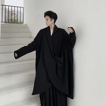 

Long sleeve pleated spring deep V-neck shirt thin fabric loose dark original medium length shirt