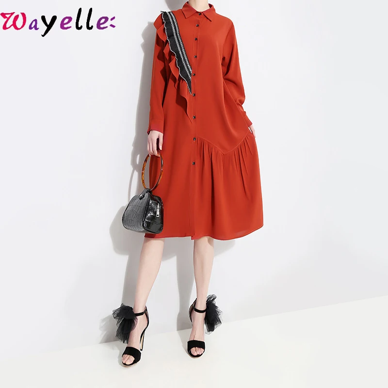

Elegant Women Party Dress 2019 New Autumn Winter Lapel Long Sleeve Red Loose Ruffles Stplit Joint Shirt Dress Female Plus Size