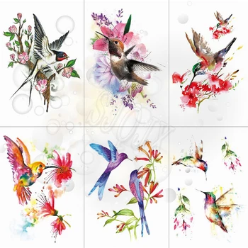 

Temporary Hummingbird Flower Tattoo, Watercolor, Plum Flower Sticker, Waterproof Tattoos, Body Art, Fake Arm Tattoo for Woman