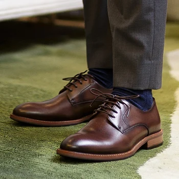 

Italian Pointed Toe Lace up Derby Man Formal Dress Shoes Genuine Leather Party Suit Oxfords Handmade Men's Wedding Flats NHS220