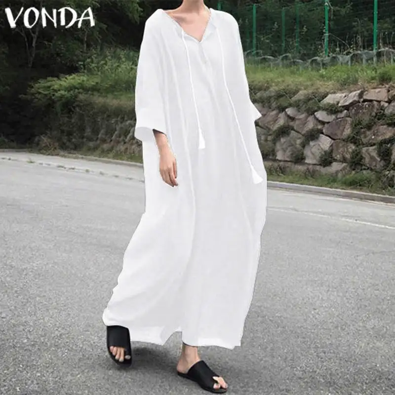 VONDA, женское платье, осень, длинное платье макси, повседневное, свободное, v-образный вырез, сплошное, богемное, Vestidos, винтажное, Пляжное, сарафан размера плюс, Халат