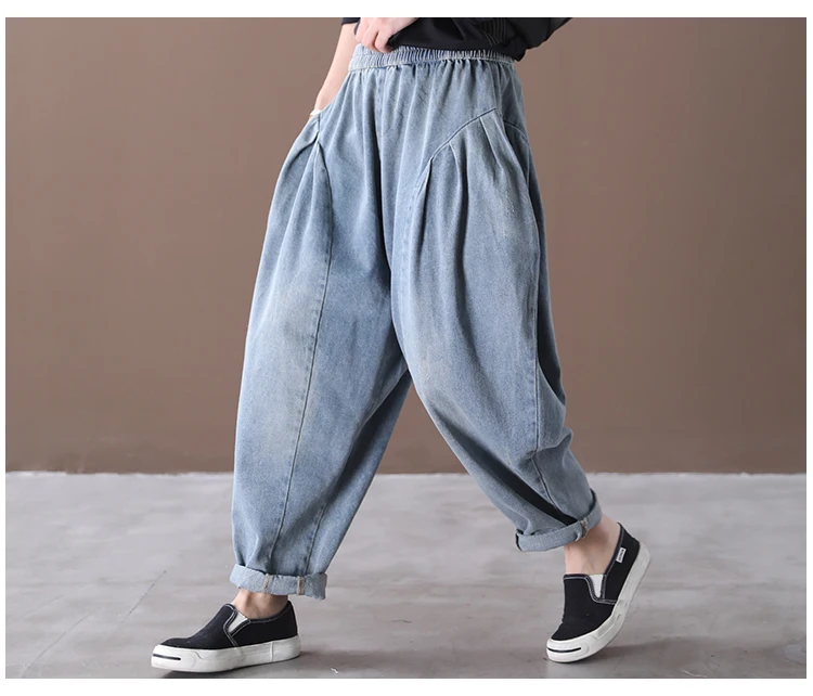 Весенние женские джинсы большого размера, свободные джинсовые брюки с эластичной резинкой на талии, повседневные джинсовые брюки с карманами в стиле ретро, Универсальные джинсовые брюки, Новинка