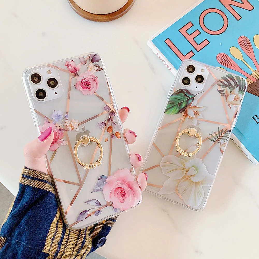 LOVECOM Plating Phone Case For iPhone 11 Pro Max XR XS 7 8 Plus X Finger Ring Soft Banana Leaf &amp Flower Clear Back Cover | Мобильные