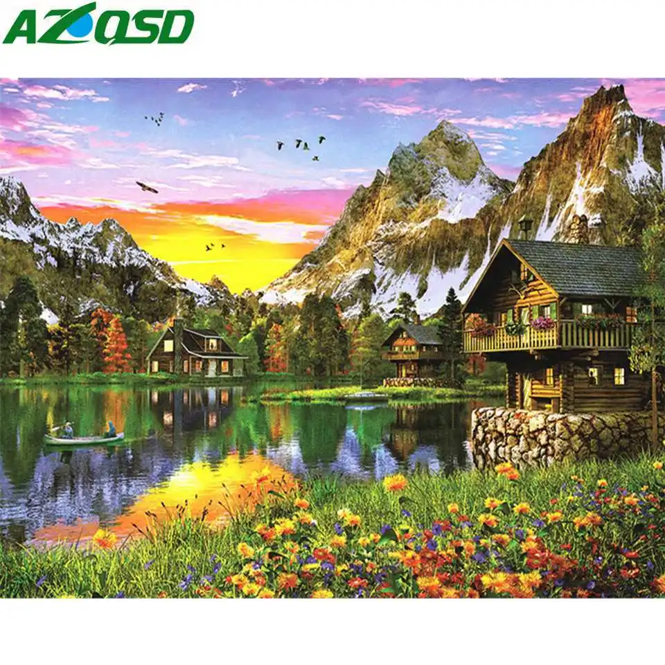 Алмазная живопись AZQSD пейзаж картина Стразы полноразмерная мозаика деревня