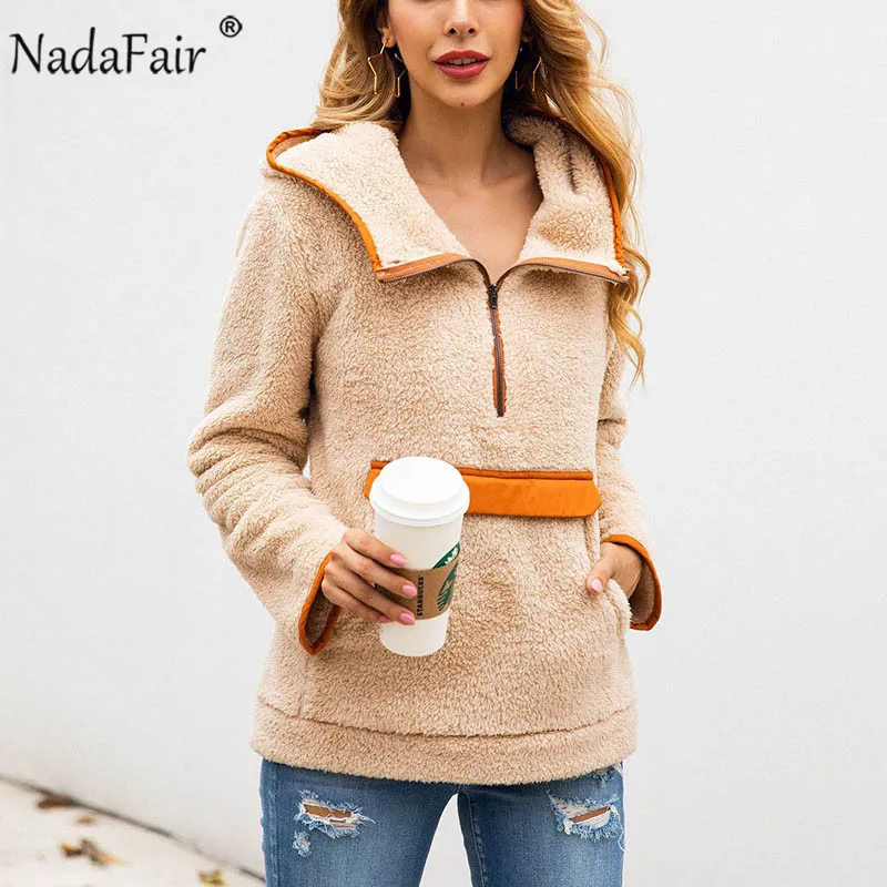 Nadafair, искусственный мех, повседневные, более размера d, толстовки с капюшоном, Женский пуловер, пэчворк, карманы размера плюс, флисовая зимняя толстовка Bangtan - Цвет: Apricot