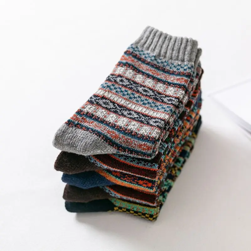 5 Pairs Ethnic Mens Chunky Knit Crew Socks Geometric Stripes Winter Warm Hosiery