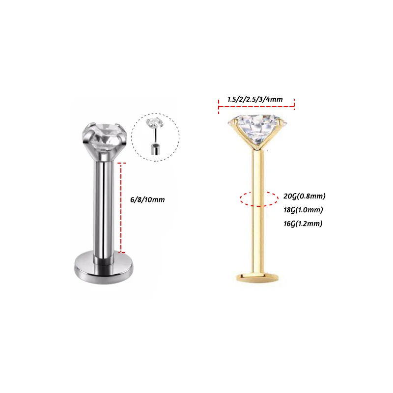 Piercing Jewelry 1Pc 20G-16G 1.5-4mm Gem Crystal Monroe Lip Stud Ring Tragus Helix Conch Cartilage Earring Piercing Steel Lip Labret Piercing Set