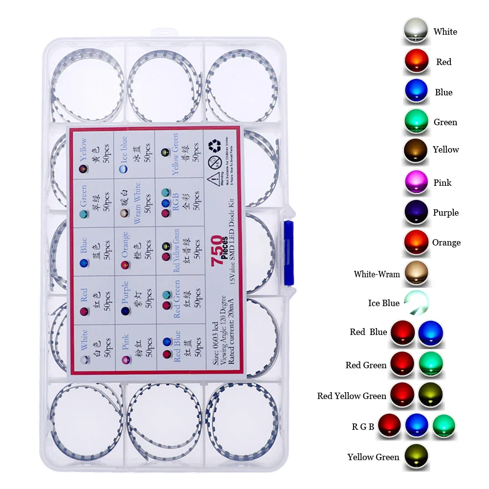 750 шт. набор светодиодов 0603 SMD с коробкой 15 значений x 50 | Электронные компоненты и