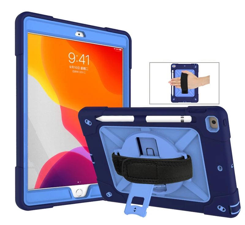 Прочный защитный силиконовый чехол с ремешком на руку и подставкой для iPad 10,2 360 Gen 7-й планшет+ ручка, вращение на градусов - Цвет: navy blue