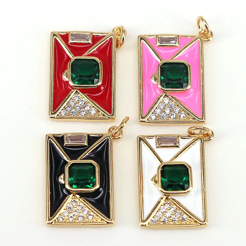 10Pcs Enamel Colorful Cute Rectangle Shape Pendant, Gold Filled CZ Micro Pave Charm , DIY Neckalce Bracelet Charm Pendants