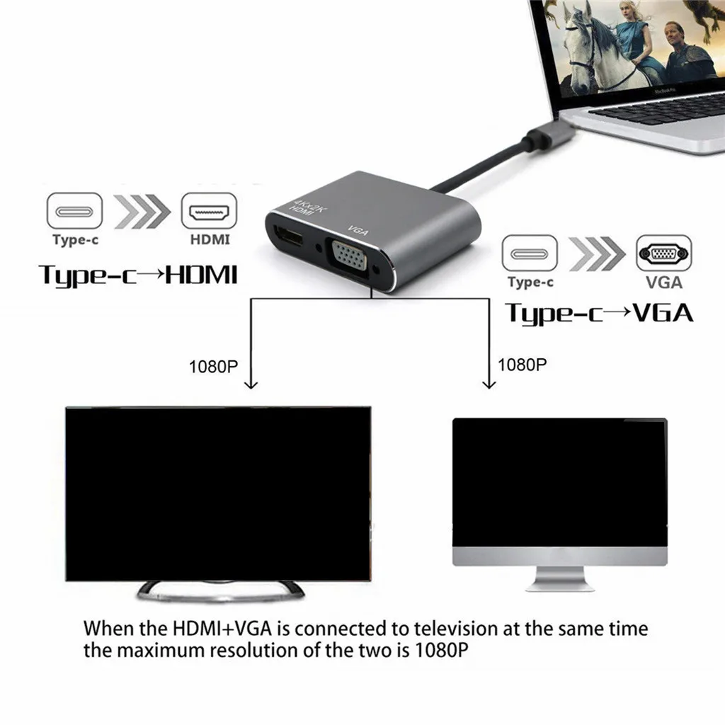 Конвертер адаптер 2 в 1 usb type C до 4K HDMI VGA T круг type C USB-C преобразователи видеосигнала адаптер