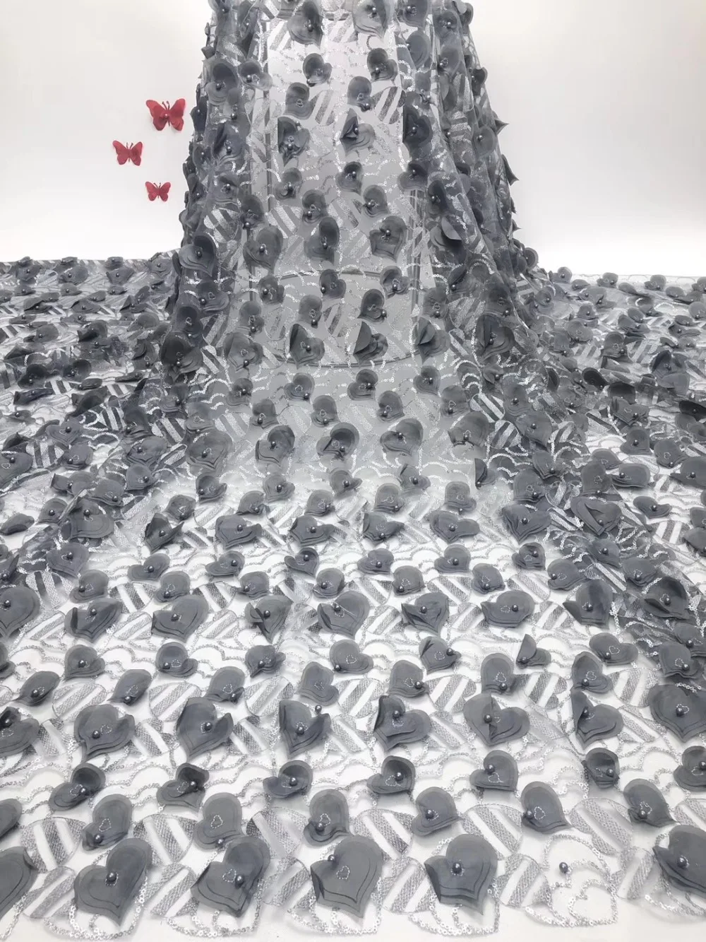 Классический 3D узор сердца 5 ярдов Африканский тюль ткань с бисером красивый французский для большого случая JIAJIASE221
