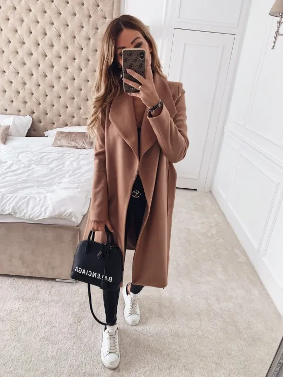 Women Long Sleeve Turn-Down Collar Coat Autumn Winter Warm Soft Slim Belt Robe Pocket Overcoat Casual Thick Coat Plus Size