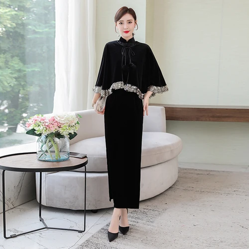 Осень Зима женский модифицированный Cheongsam из двух частей китайский стиль расшитый блестками плащ рукава Банкетный элегантный плащ стильный дизайн тонкий