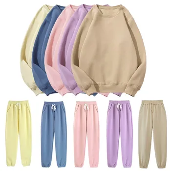 

Women's 2 Pcs Set Thick Autumn Winter New O-neck Long-sleeved Plus Velvet Sweater Hooded And Pant Two-piece Loose Trousers Suit