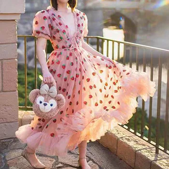 

2020 Pink Strawberry Mesh A Line Long Dress Sexy V Neck Puff Sleeve Princess High Waist Korean Cute Ruffles Dress 2020 Summer