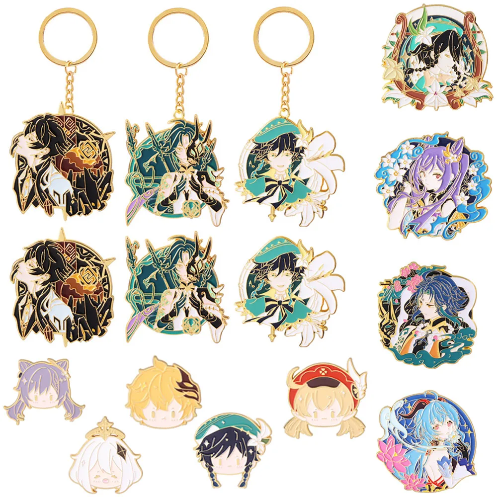 Genshin Impact Keychain Brooch Zhongli Wendy Cartoon Character Gan Yu Metal Badge Two-dimensional Pendant | Украшения и